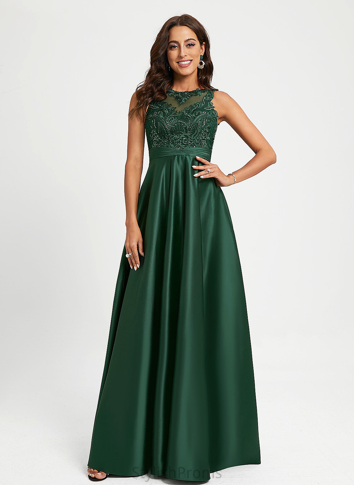 Jemima Lace Sequins Prom Dresses With Satin Scoop Floor-Length Ball-Gown/Princess