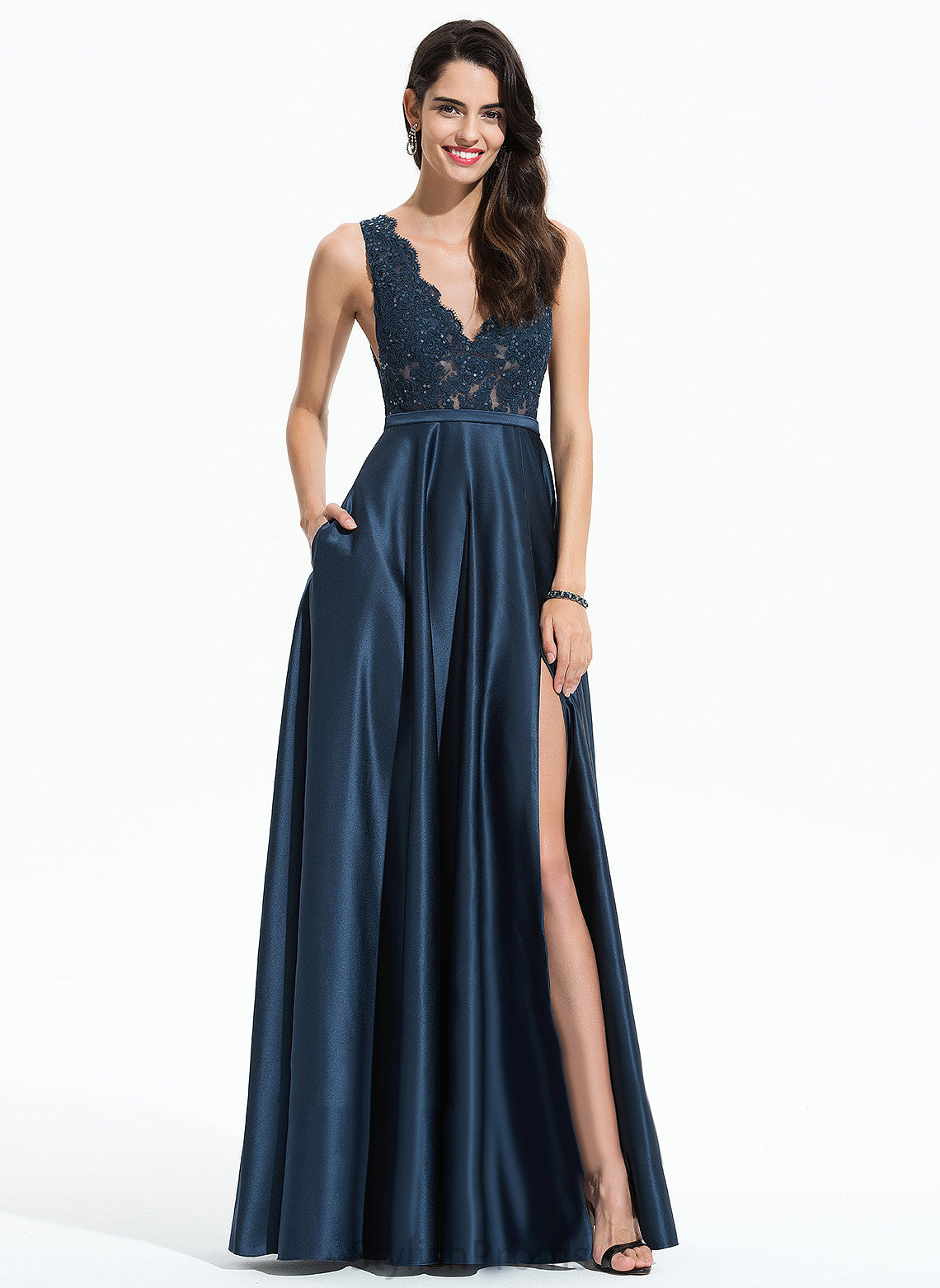 A-Line Satin Prom Dresses V-neck Floor-Length Sequins Amari With Lace