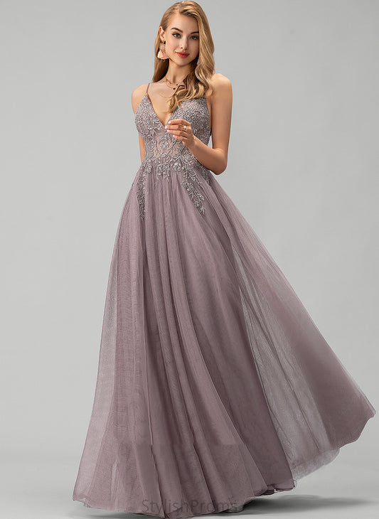 V-neck Beading Sequins A-Line With Prom Dresses Lace Floor-Length Aisha Tulle