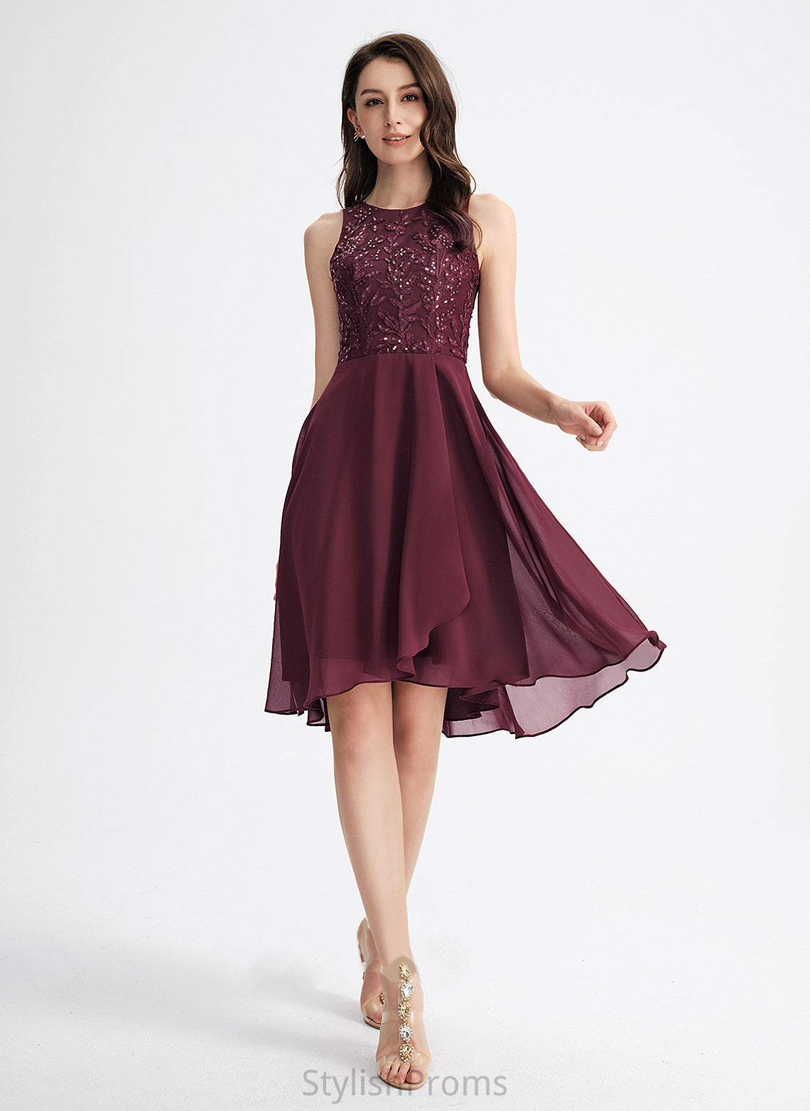 Chiffon Asymmetrical Scoop Cocktail Dresses Sequins Dress Neck Lace Cocktail A-Line With Halle