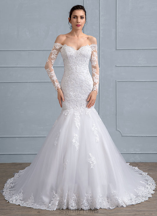 Trumpet/Mermaid Wedding Train Lace Chapel Dress Tulle Courtney Sequins Wedding Dresses With Beading