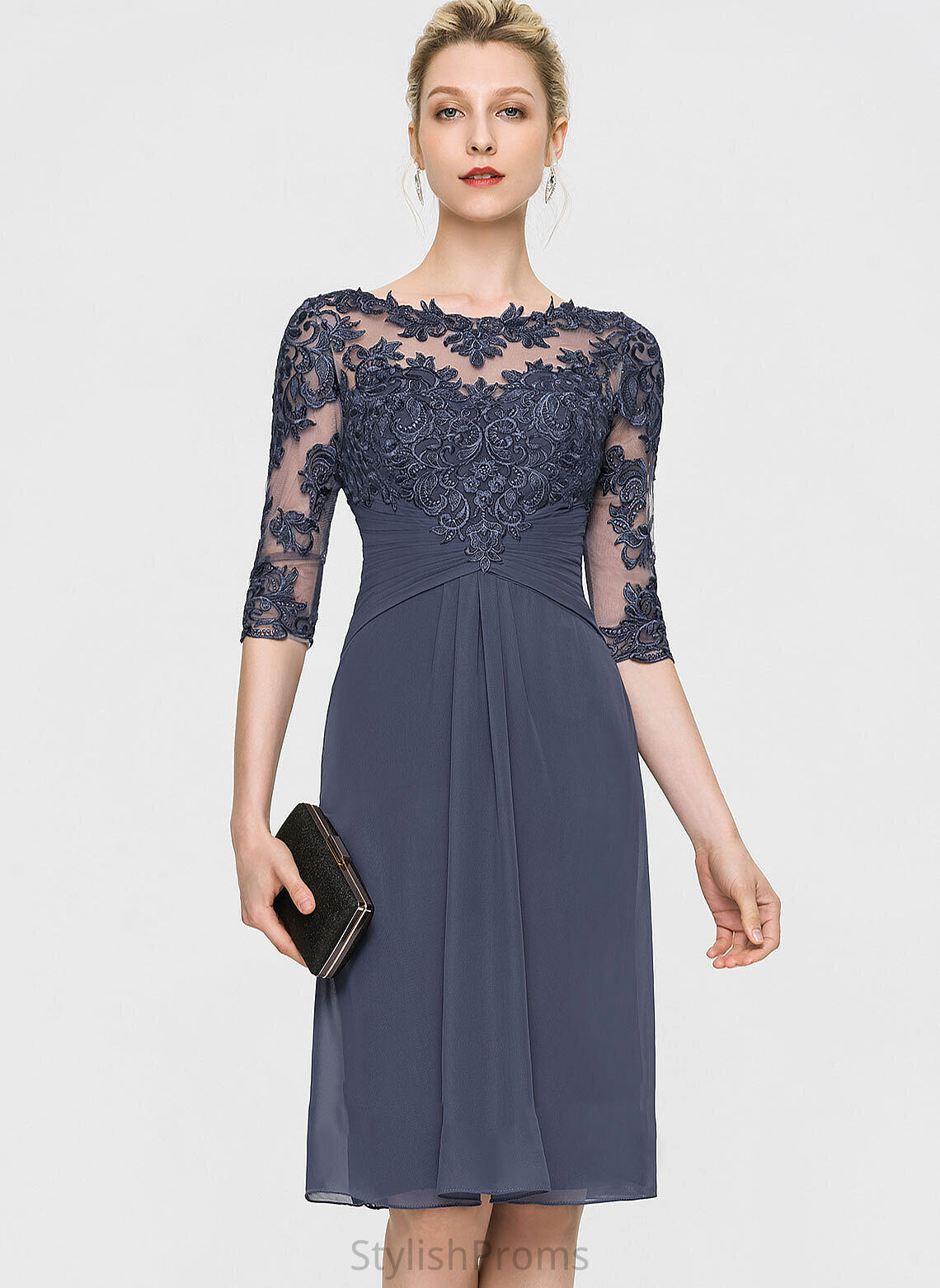 Knee-Length Dress Lace Cocktail Neck Sheath/Column Pam Chiffon Scoop Cocktail Dresses