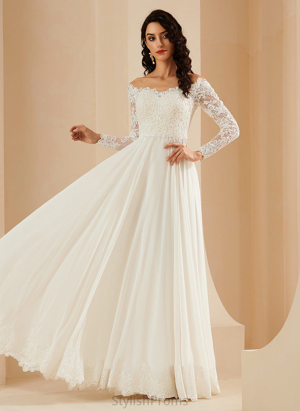 Wedding Dresses Lace Dress Chiffon Sandra With Off-the-Shoulder Sweep Wedding A-Line Train