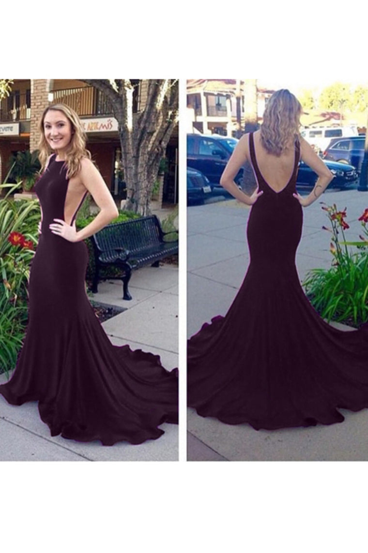 Sexy Open Back Evening Dresses Scoop Sweep Train Mermaid