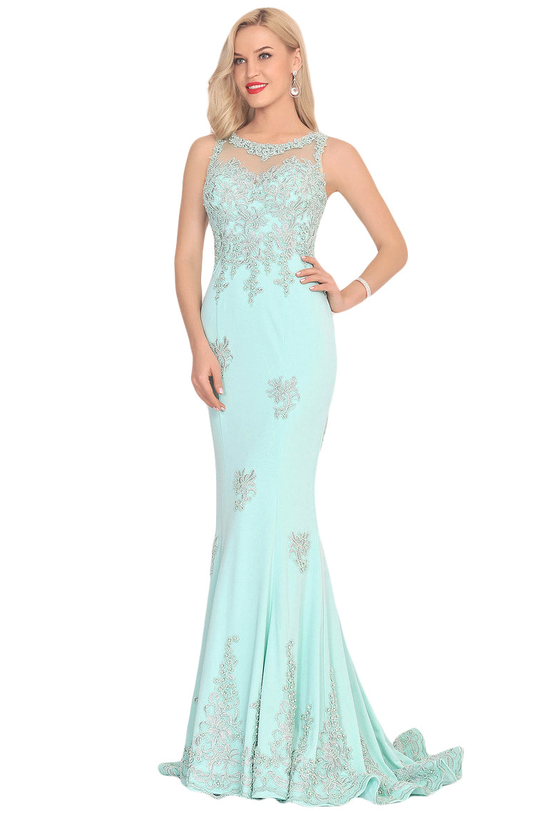 2024 Prom Dresses Mermaid Scoop Spandex With Applique Sweep Train