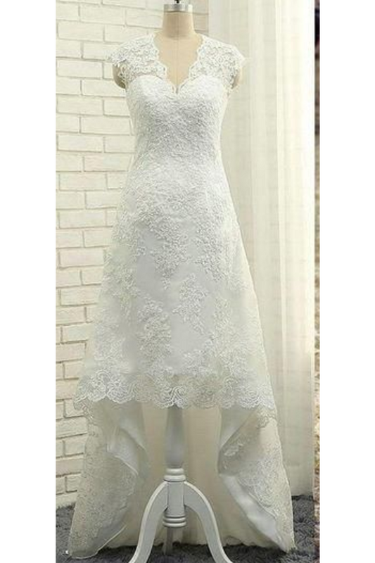 A-Line V-Neck Cap Sleeves Open Back Lace Beach Wedding Dresses