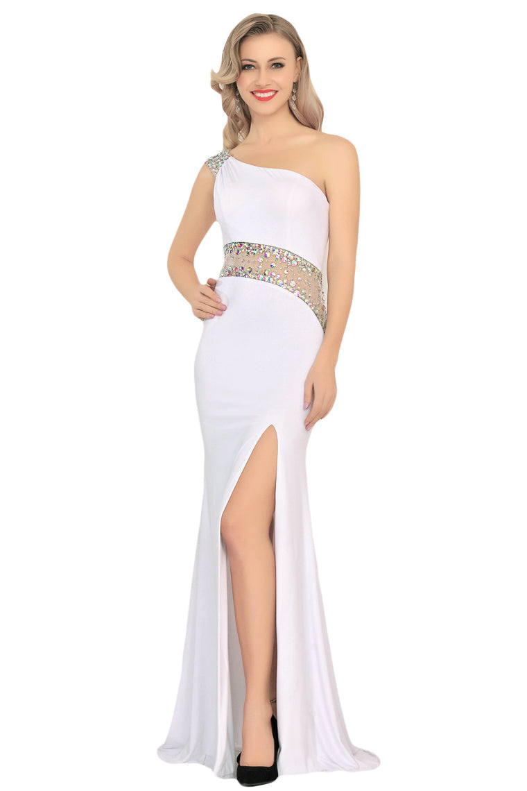 2024 Spandex One Shoulder Mermaid Sweep Train Prom Dresses With Slit