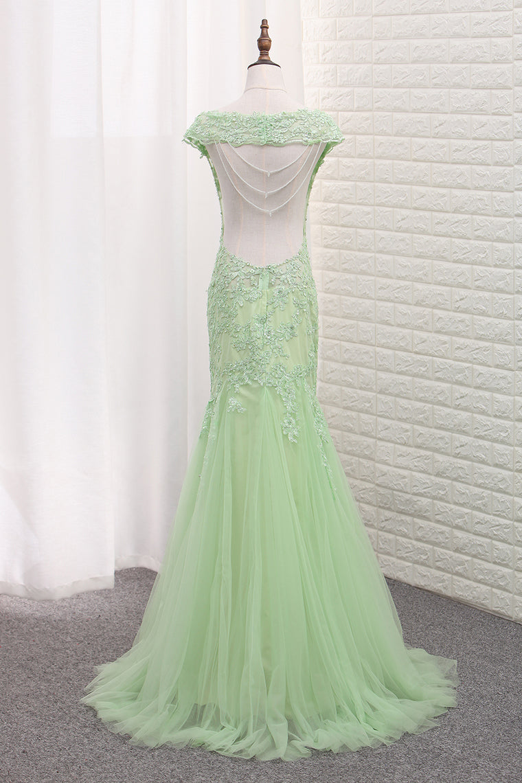 2024 Tulle Scoop Mermaid Open Back Prom Dresses With Applique Sweep Train