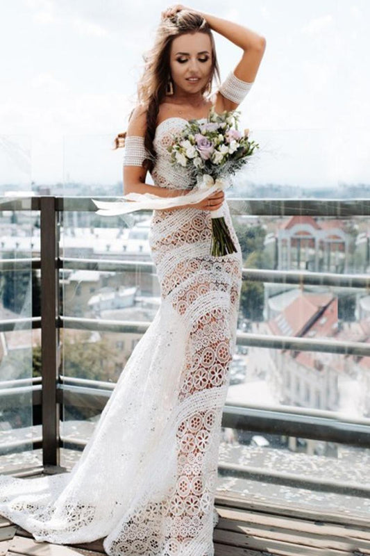 Modest Sweetheart Neck Lace Bridal Dress Beach Wedding Dresses, Sexy Boho Bridal Dress