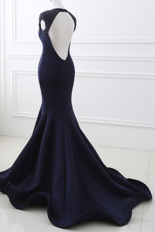 2024 Mermaid V Neck Satin Evening Dresses With Beading Sweep Train