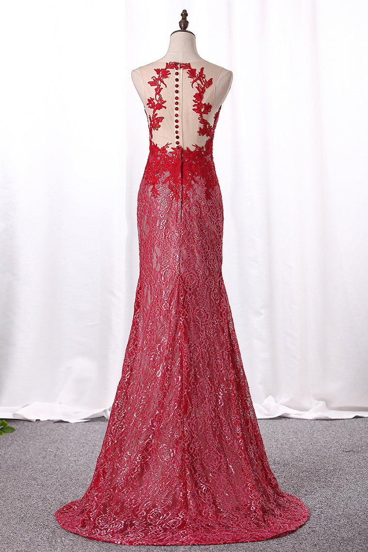 2024 Scoop Lace Prom Dresses Mermaid/Trumpet With Applique Detachable