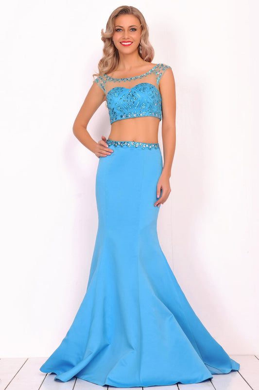 2024 Two-Piece Scoop Prom Dresses Mermaid Satin With Beading