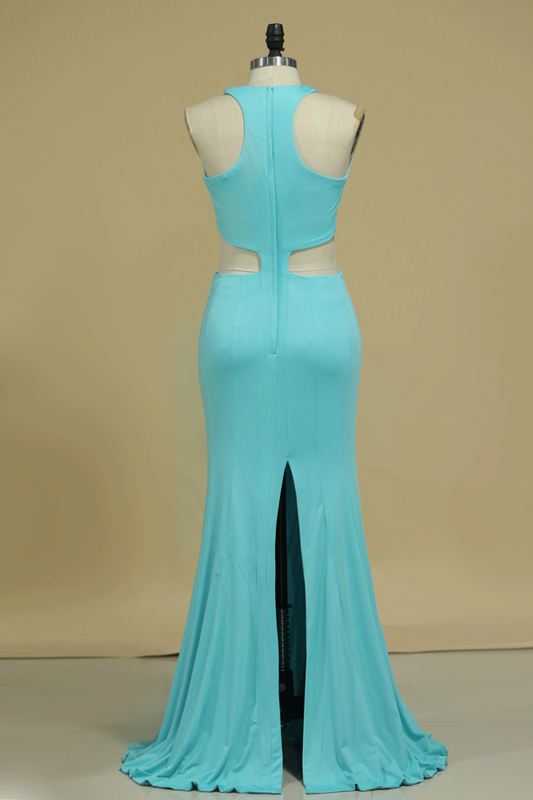 2024 V Neck Prom Dresses Mermaid With Slit Floor Length Spandex