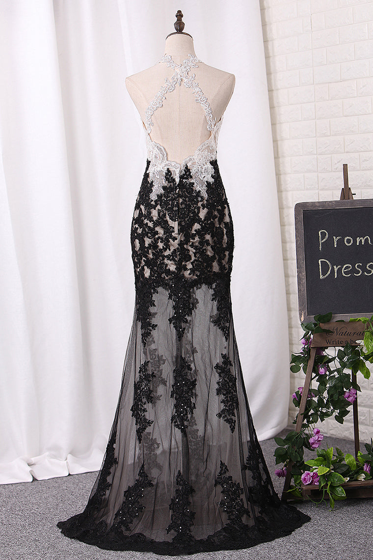 2024 Sexy Open Back Mermaid Prom Dresses Spaghetti Straps With Applique Tulle