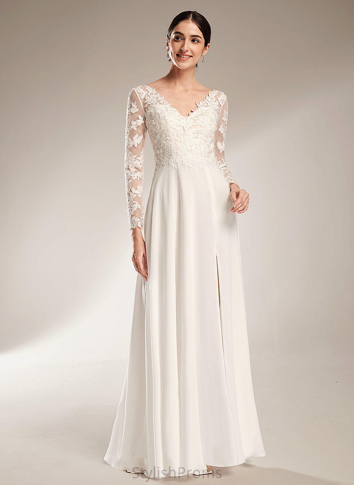 V-neck Minnie A-Line Lace Wedding Dresses Floor-Length Wedding Dress Chiffon