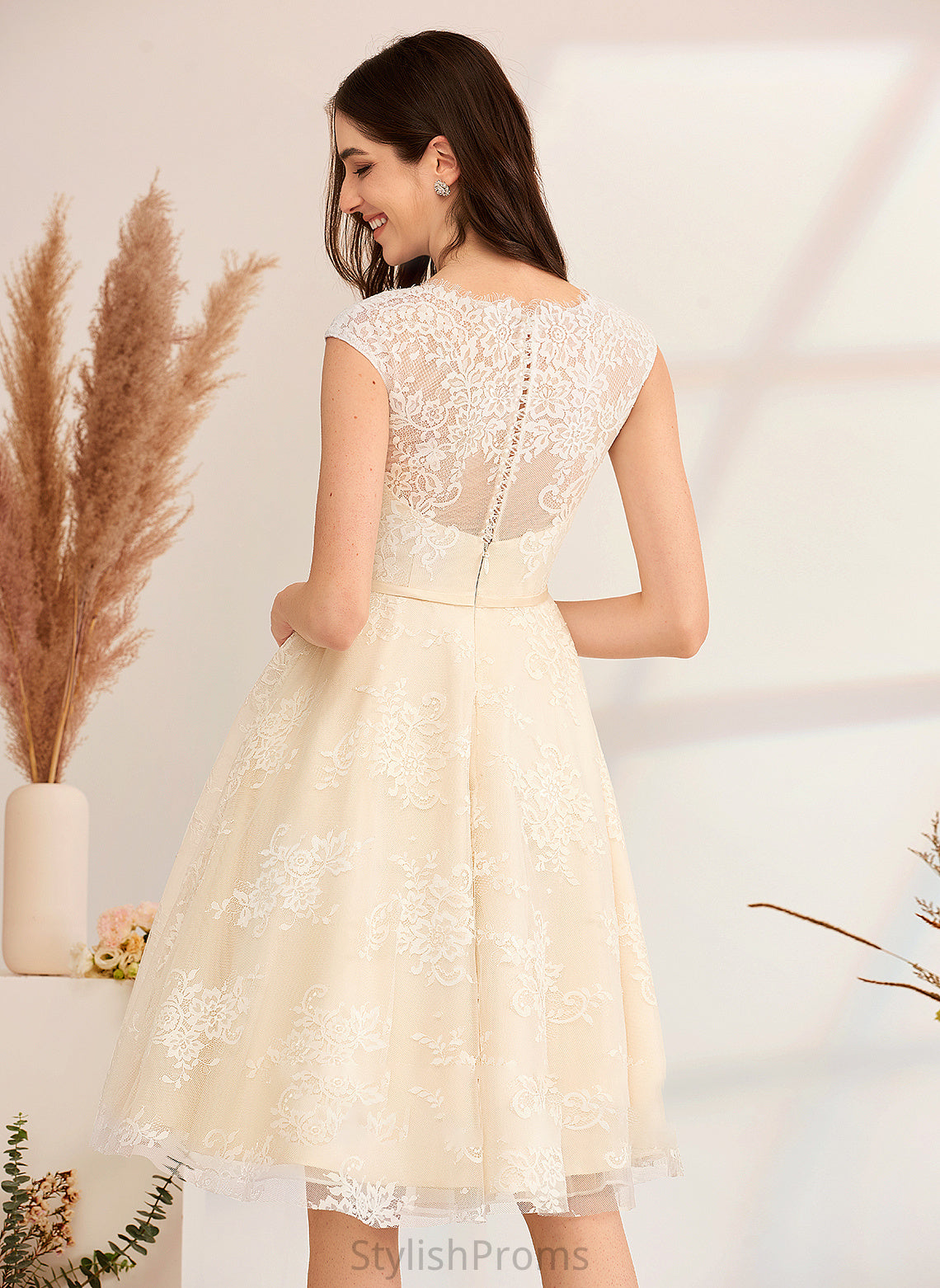 Knee-Length Wedding Dresses V-neck Lace With A-Line Angela Wedding Dress