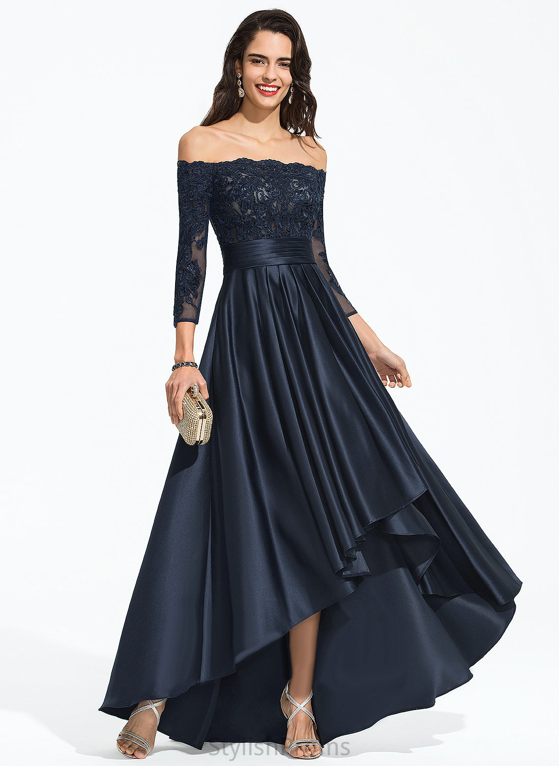 With Sequins Satin Prom Dresses Ruffle Lace Izabella Off-the-Shoulder A-Line Asymmetrical