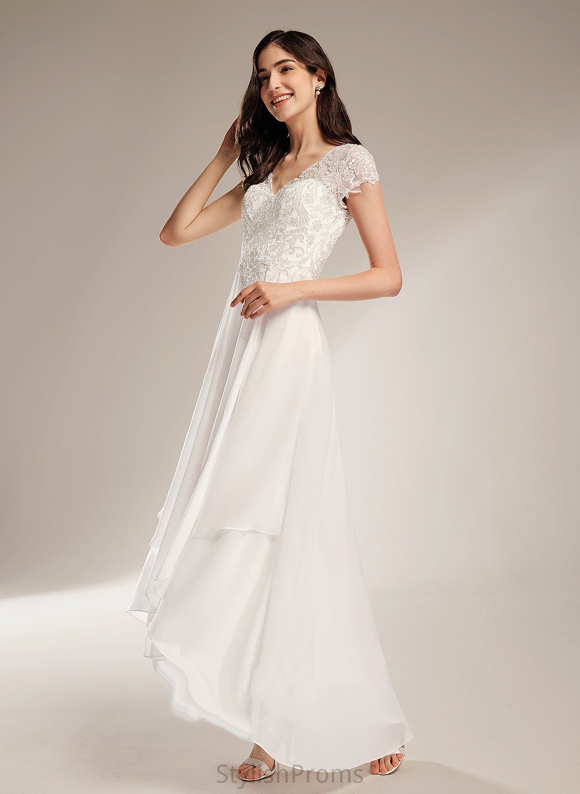 Dress V-neck Eve Asymmetrical A-Line Lace Wedding With Chiffon Wedding Dresses