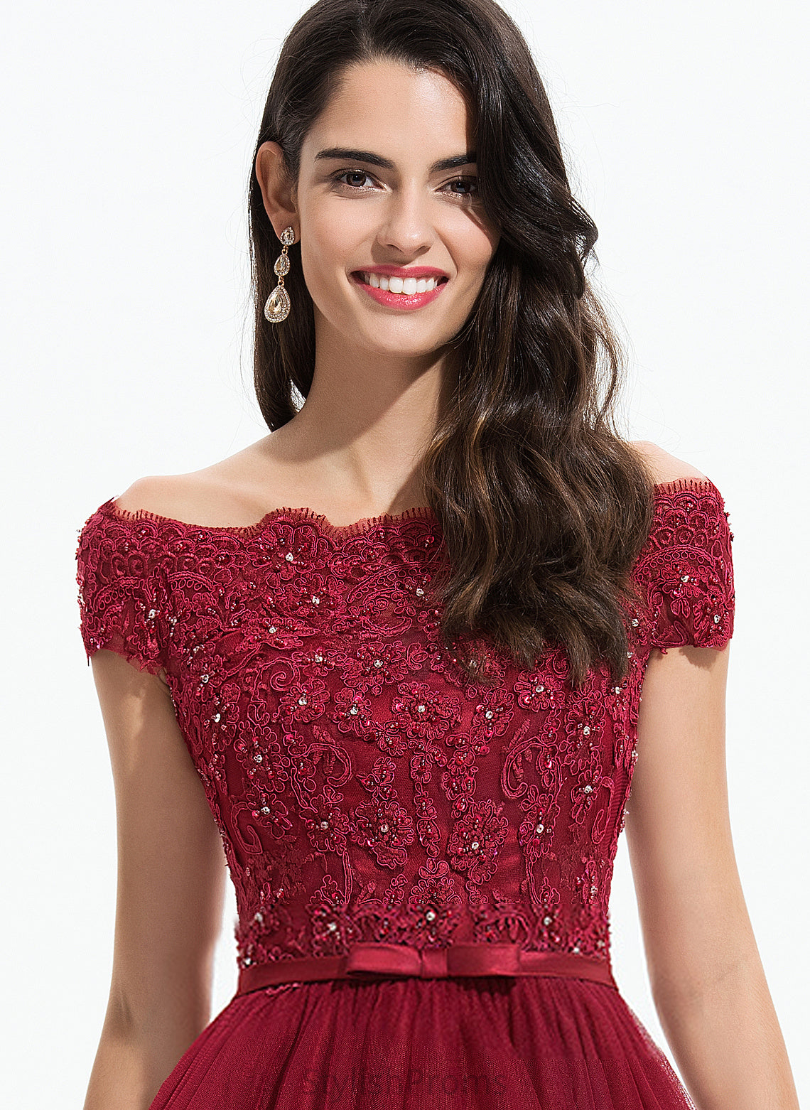 Lace Lace Paisley Asymmetrical With Beading Cocktail A-Line Cocktail Dresses Tulle Off-the-Shoulder Bow(s) Dress