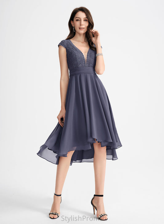 A-Line Asymmetrical Lace Cocktail Dresses Cocktail V-neck Dress Malia With Chiffon Pleated