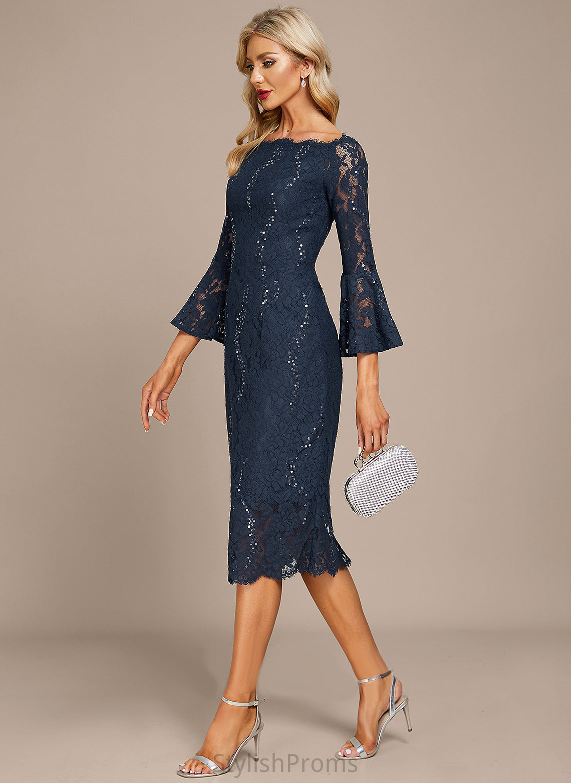 Sequins Knee-Length Emery Lace Cocktail Dresses With Off-the-Shoulder Cocktail Dress Sheath/Column