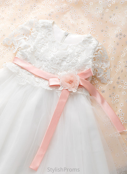 Sash/Flower(s) Short Girl With Tulle/Lace Neck Flower Dress Scoop Anaya Sleeves Knee-length Flower Girl Dresses - A-Line