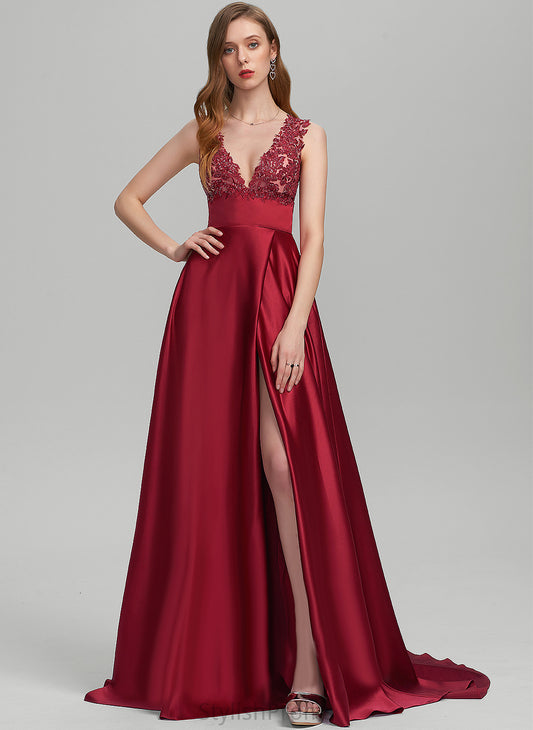 With V-neck Ball-Gown/Princess Prom Dresses Jayla Sequins Lace Train Sweep Satin