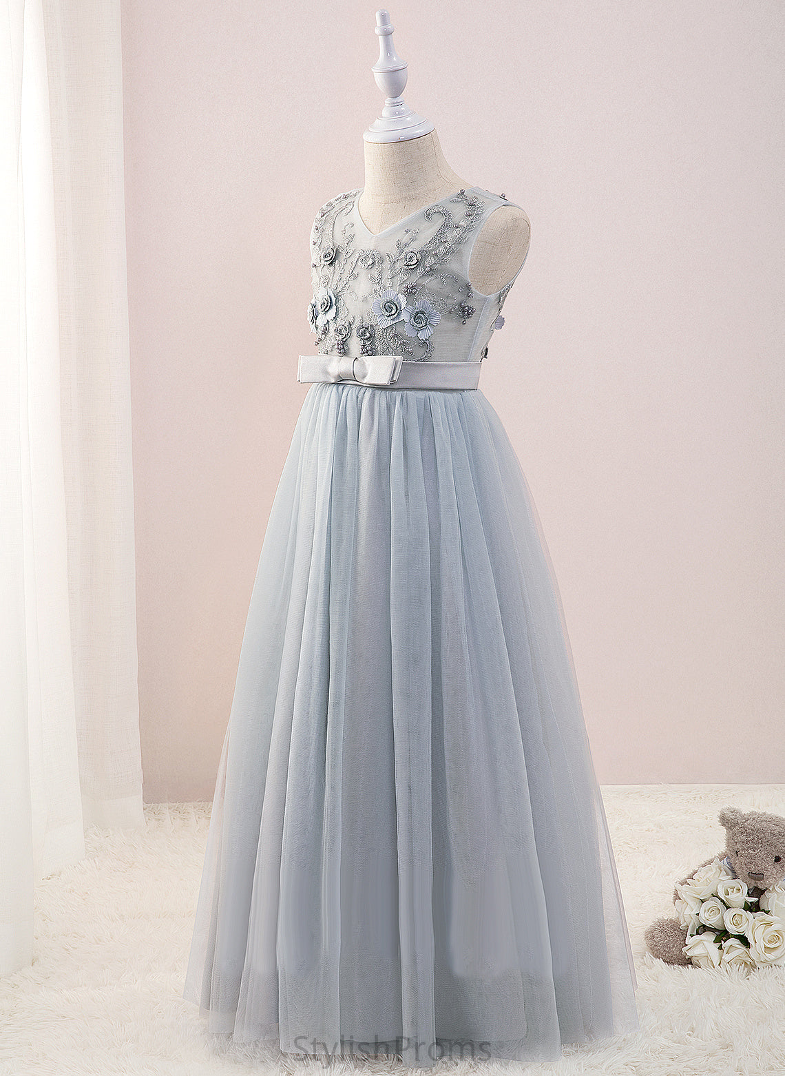 Dress Girl Tulle/Lace V-neck Sleeveless - Brynlee A-Line Flower With Flower Girl Dresses Floor-length Beading/Flower(s)