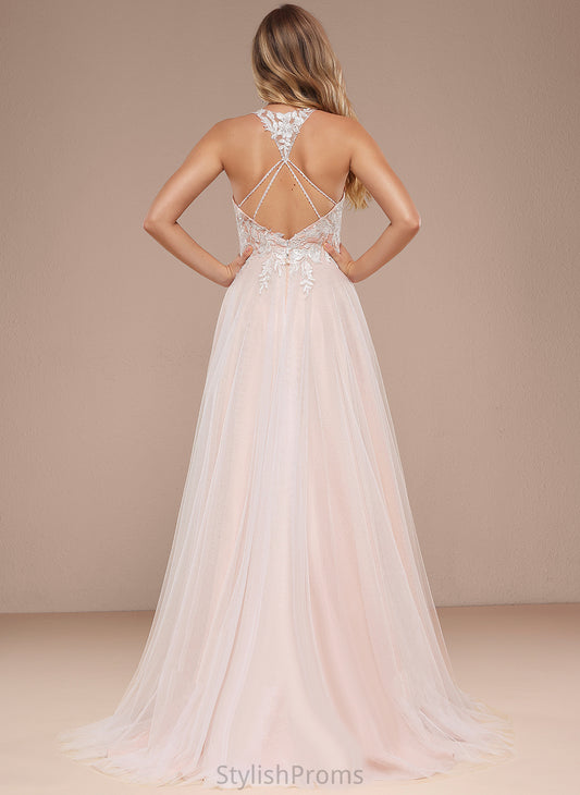 Sequins Dress Halter Jaycee Tulle Lace Wedding With Sweep Beading A-Line Wedding Dresses Train