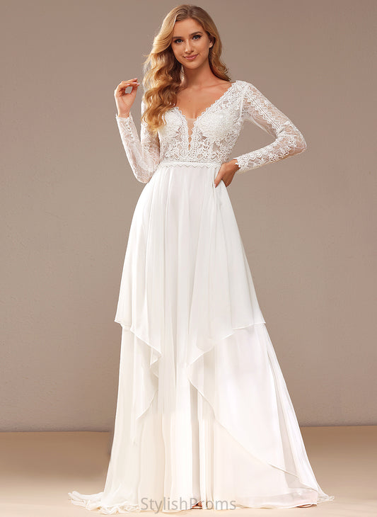 Train V-neck With Lace Wedding Chiffon Wedding Dresses A-Line Lace Dress Court Lina Ruffle