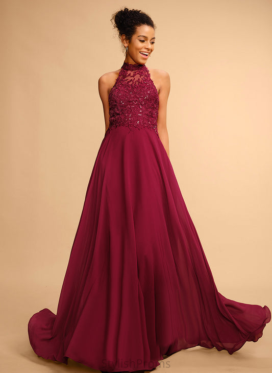 A-Line With Halter Amari Prom Dresses Chiffon Lace Floor-Length Sequins