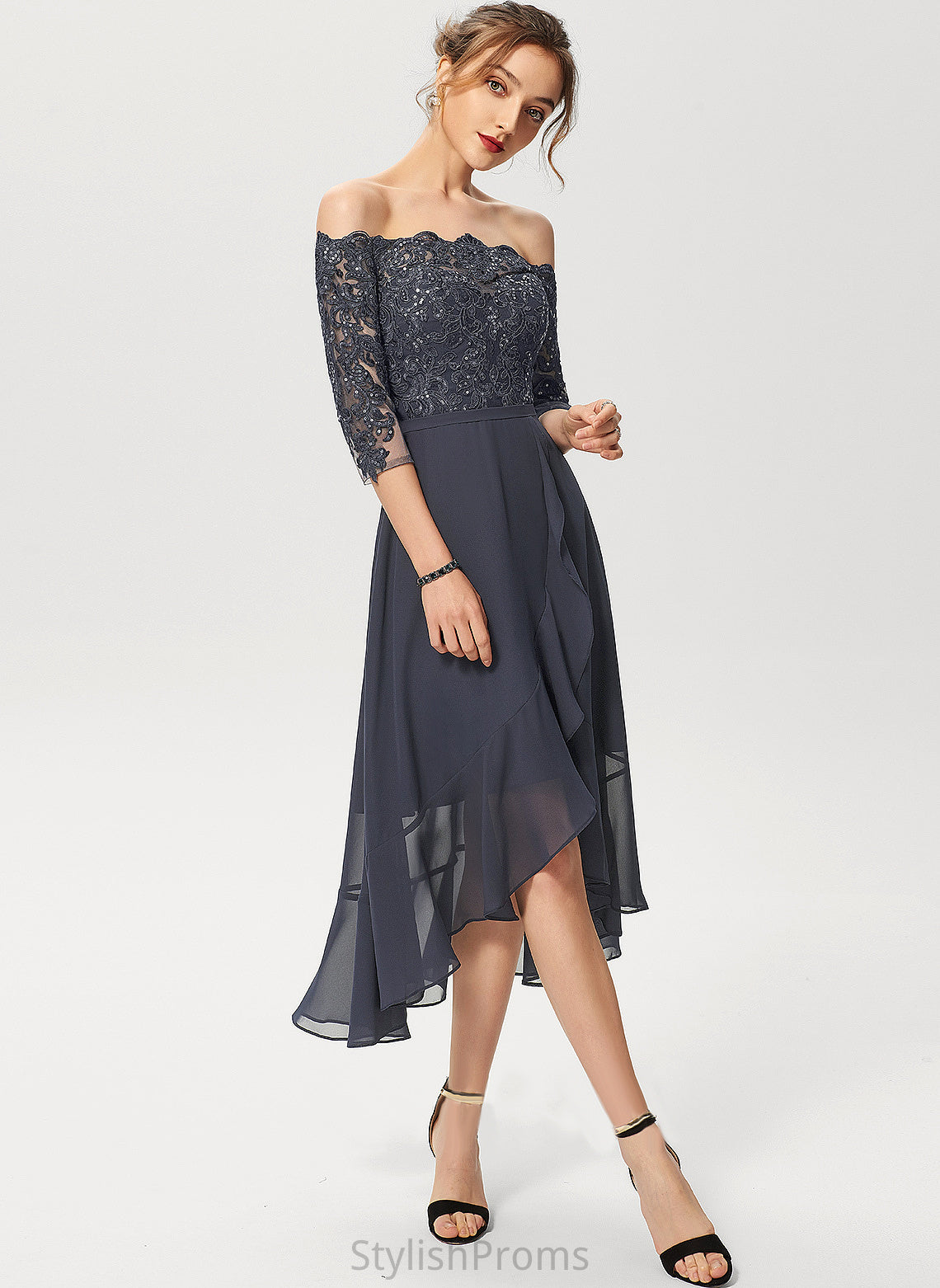 Asymmetrical A-Line Sequins Chiffon Cocktail Lace Dress Stephany Off-the-Shoulder With Cocktail Dresses