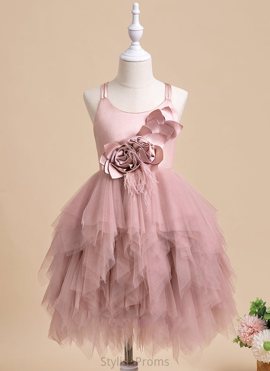 Flower Knee-length Ball-Gown/Princess Neck Feather/Flower(s) Dress With Tulle Sleeveless Flower Girl Dresses - Scalloped Girl Caitlin