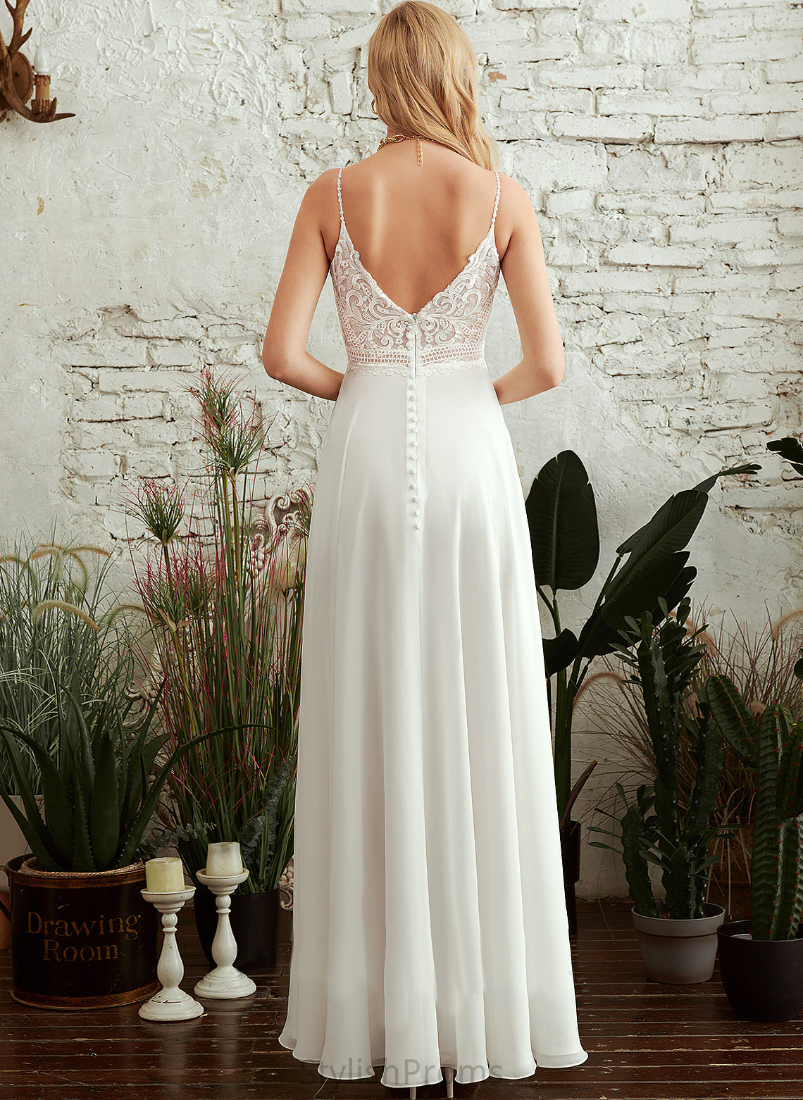 Floor-Length Paulina Chiffon A-Line Wedding Wedding Dresses V-neck Lace Dress