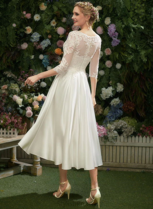 Tea-Length With Wedding A-Line Wedding Dresses Illusion Satin Dress Holly Lace