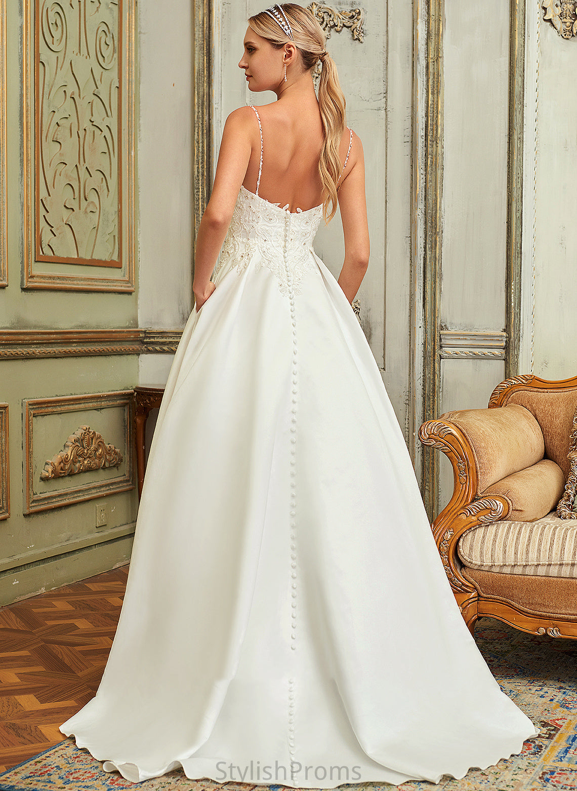 V-neck Train Satin Penelope Sweep Dress Beading Wedding Dresses Ball-Gown/Princess Sequins With Pockets Lace Lace Wedding