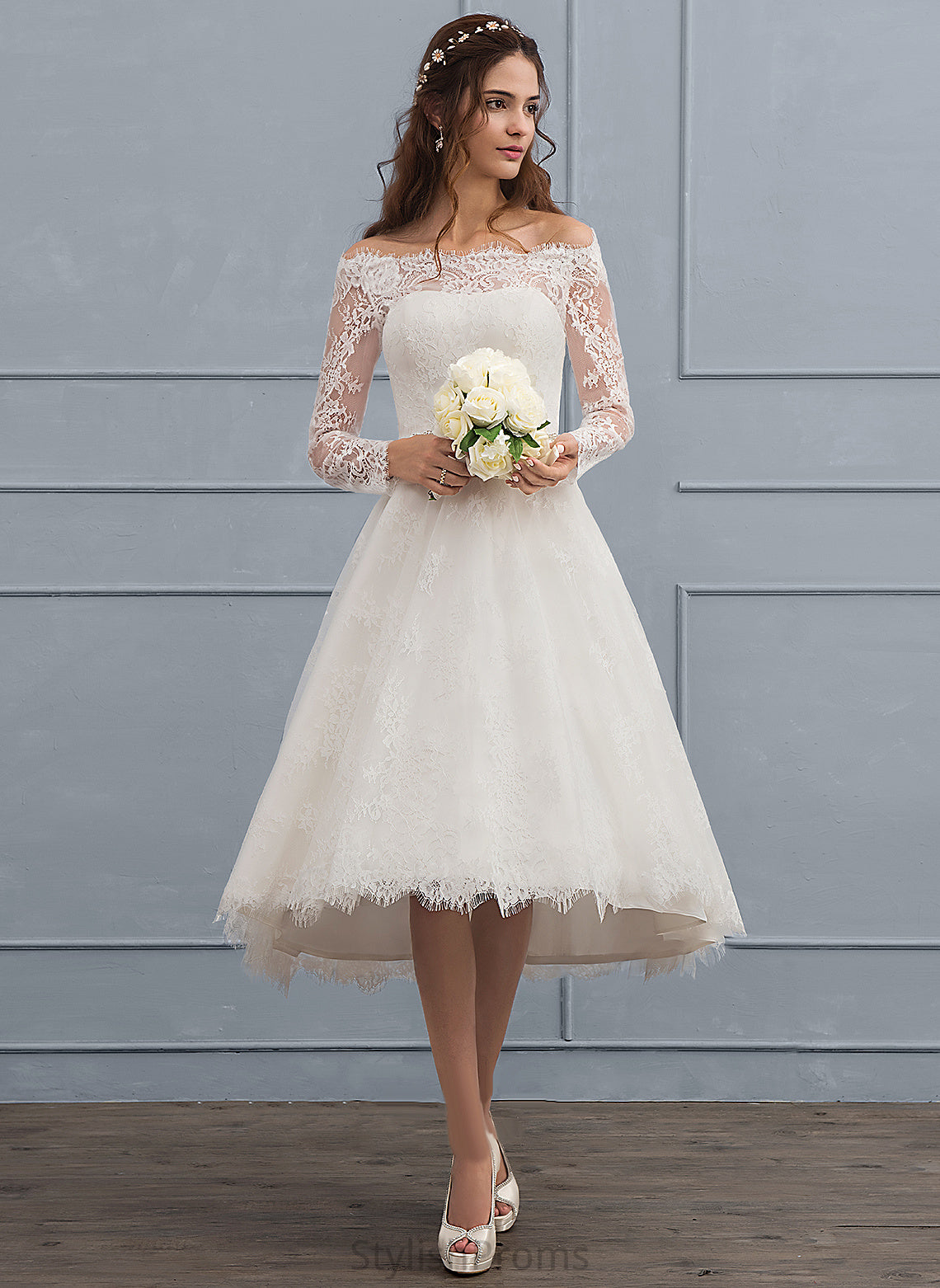 Off-the-Shoulder Asymmetrical Dress Lace A-Line Wedding Wedding Dresses Brielle With Beading