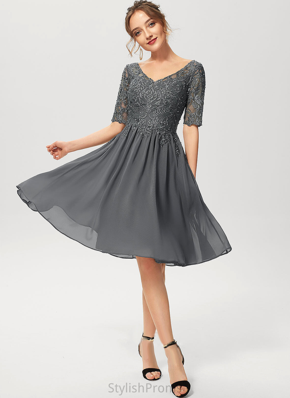 Lace V-neck With Chiffon Cocktail Annie Knee-Length Beading Dress A-Line Sequins Cocktail Dresses