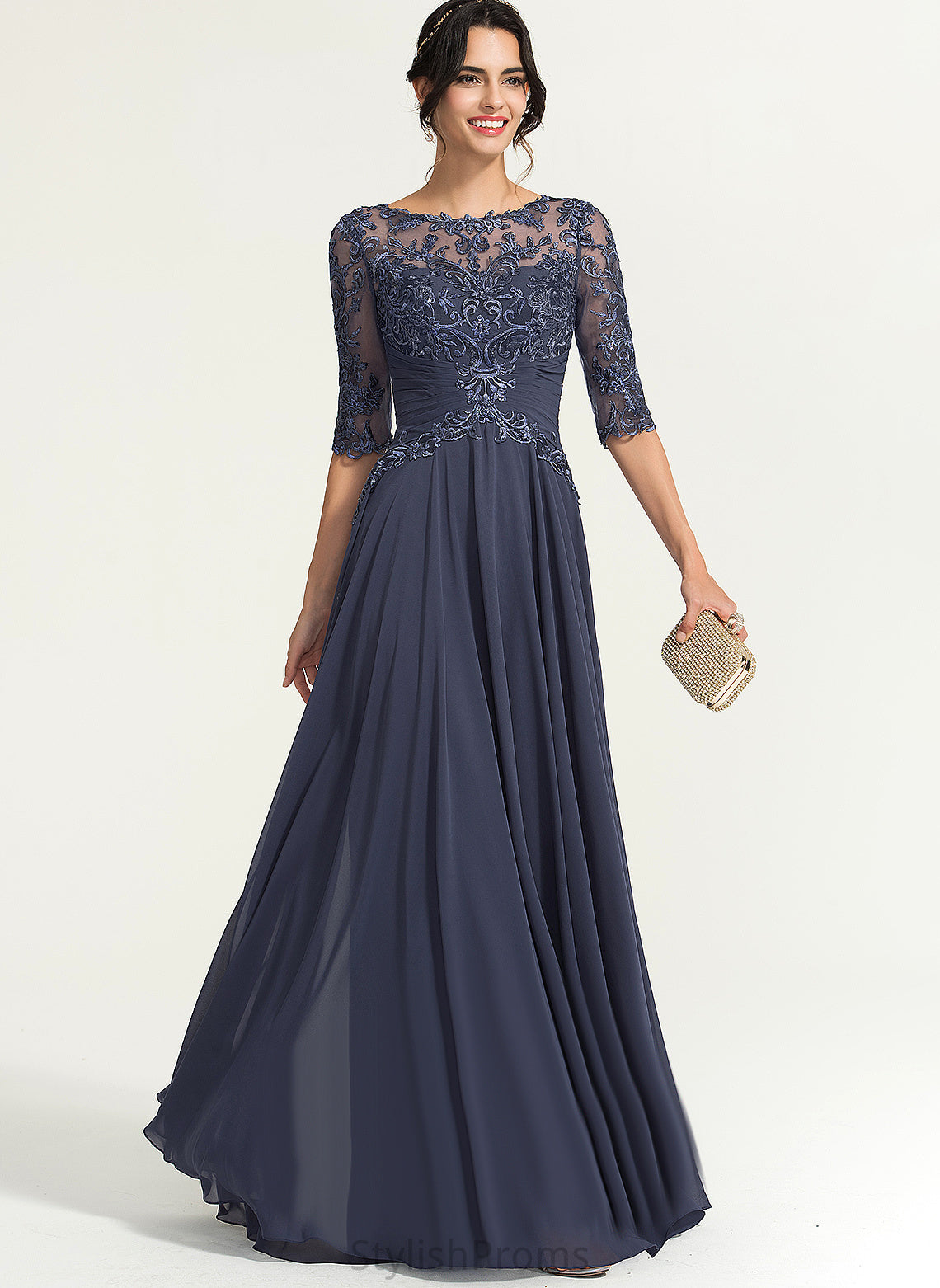 Sequins Illusion Chiffon Jasmine Prom Dresses Floor-Length Pleated Lace Scoop With A-Line