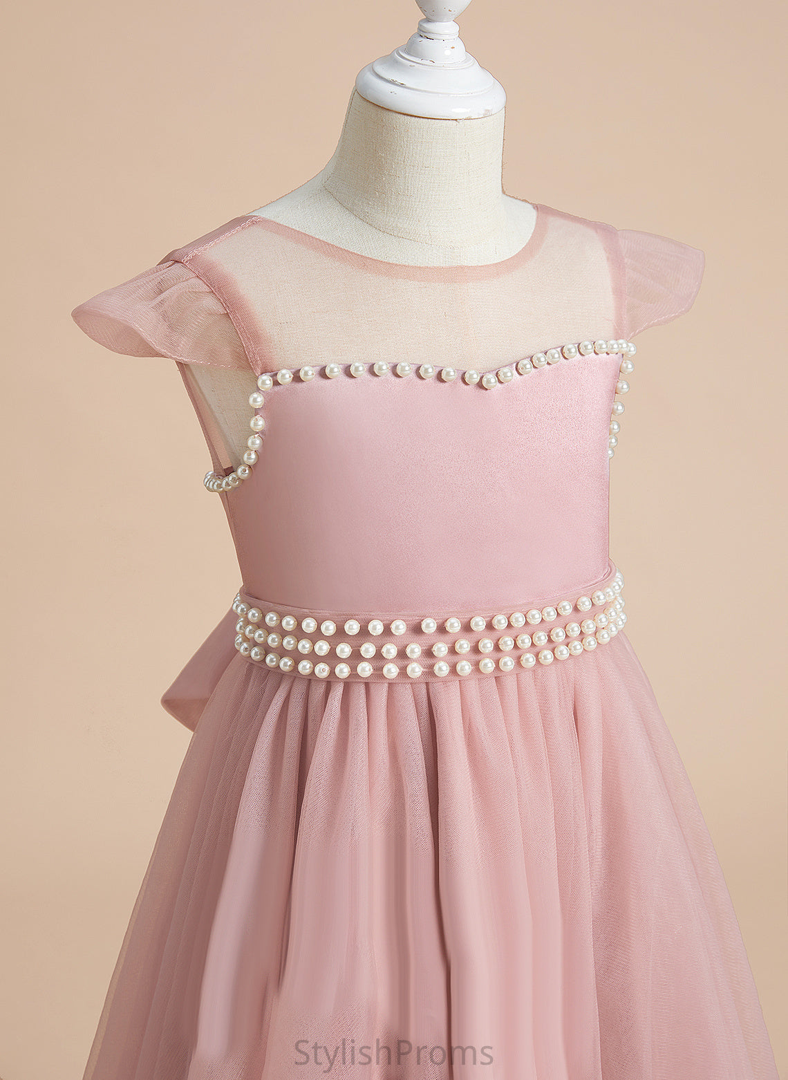 A-Line Selena Flower - Beading/Bow(s) Neck Girl Flower Girl Dresses Scoop Sleeveless Knee-length Dress Satin/Tulle With