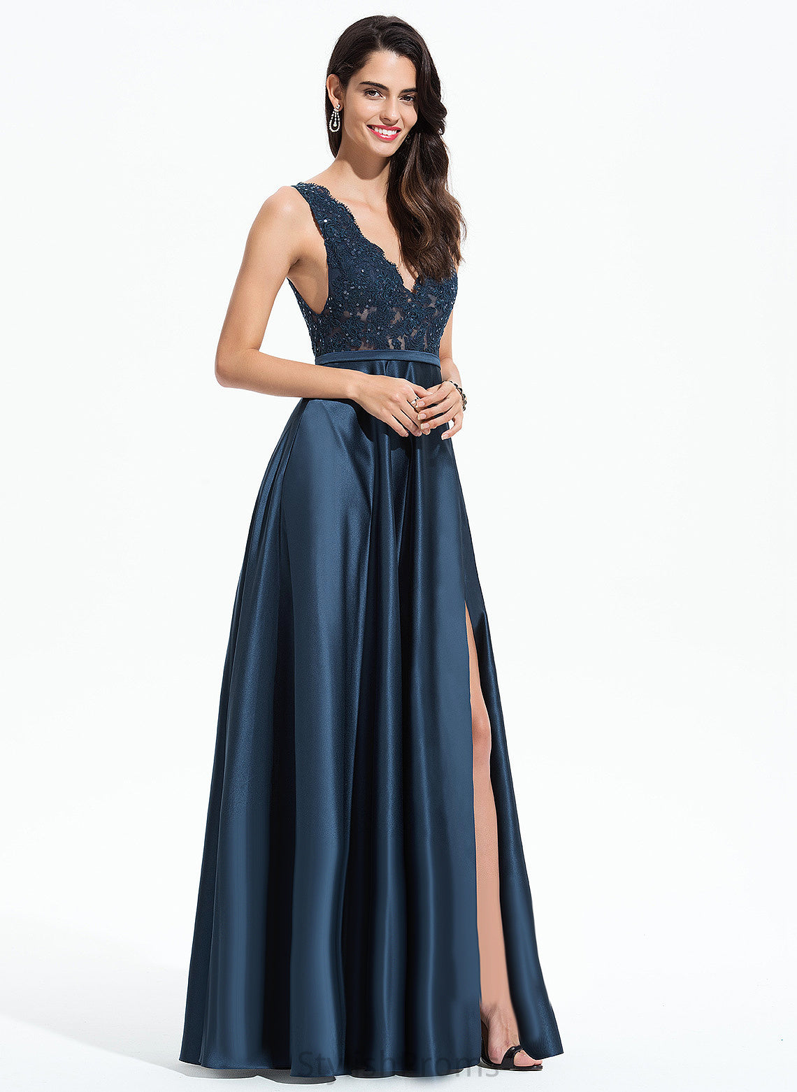 A-Line Satin Prom Dresses V-neck Floor-Length Sequins Amari With Lace