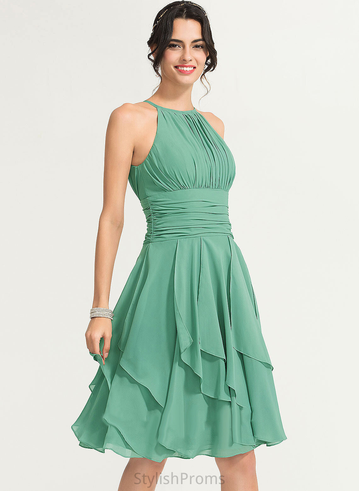 Elisabeth Ruffles Chiffon Scoop Cocktail Dresses Cocktail Neck Ruffle Dress Cascading Knee-Length With A-Line