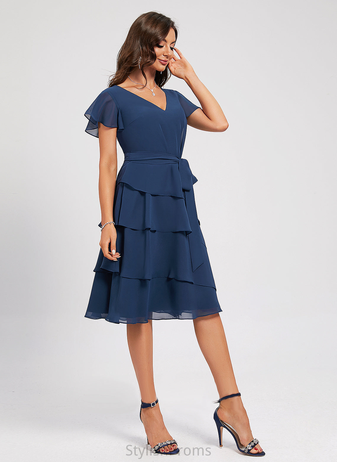 Dress Cocktail Dresses Chiffon With Sash Leticia Ruffle A-Line V-neck Cocktail Knee-Length