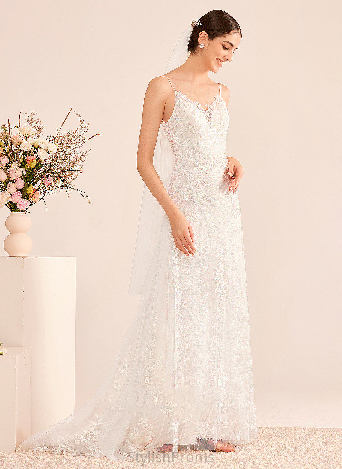 Court Dress Kira V-neck Tulle With A-Line Lace Train Wedding Sequins Wedding Dresses