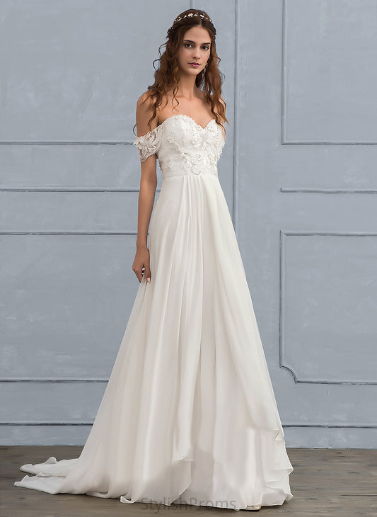 Beading Off-the-Shoulder Wedding Dresses Train With Natalya Dress Chiffon Flower(s) A-Line Wedding Lace Sweep