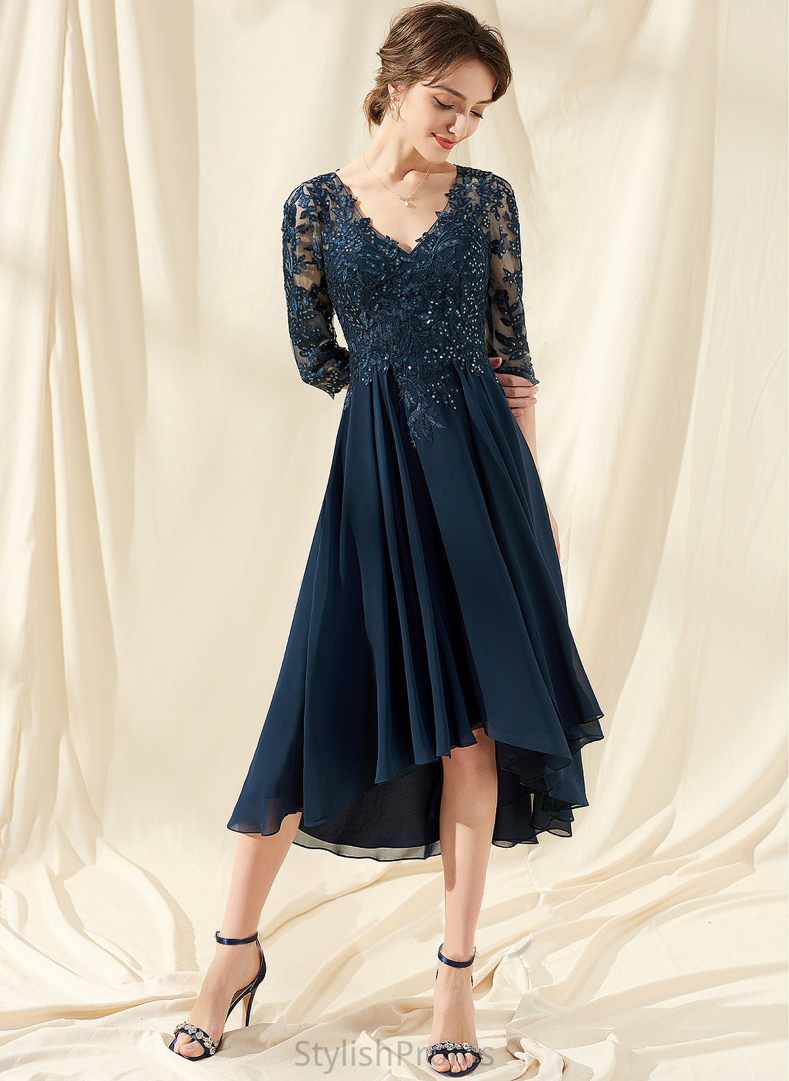 Sequins V-neck With Cocktail A-Line Dress Chiffon Lace Cocktail Dresses Tess Asymmetrical