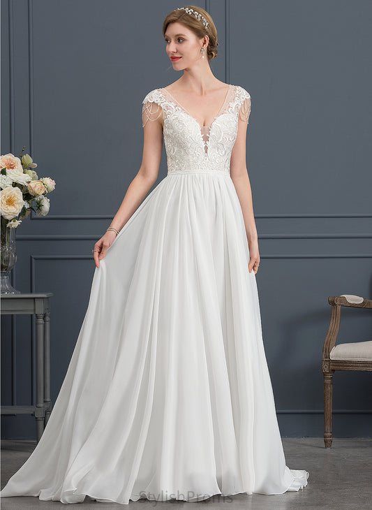 Janice Train With Sequins Lace Dress A-Line Sweep Wedding Dresses Beading V-neck Wedding Chiffon