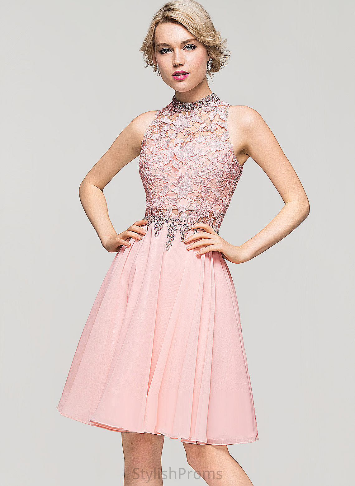 Beading Jaqueline Chiffon Lace Dress Lace A-Line Cocktail Dresses High Cocktail Neck Sequins Knee-Length With