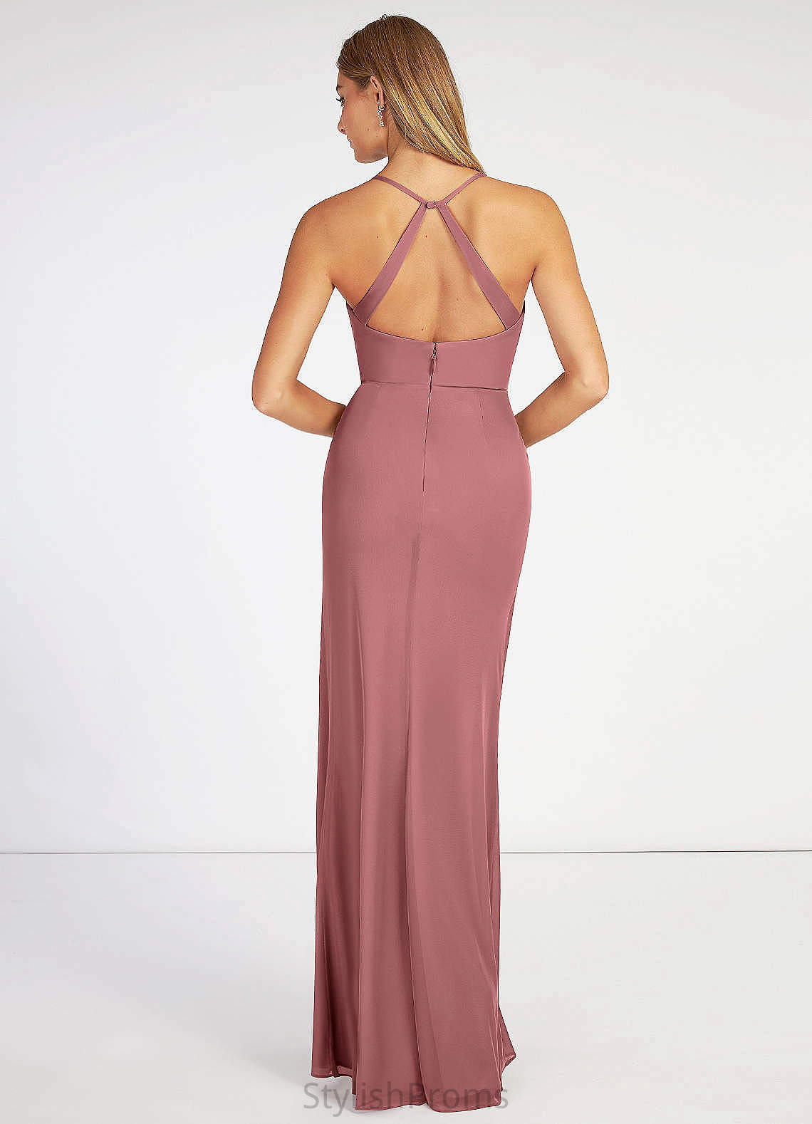 Esther Sleeveless V-Neck Sweep-Brush Train Natural Waist Spandex Trumpet/Mermaid Bridesmaid Dresses