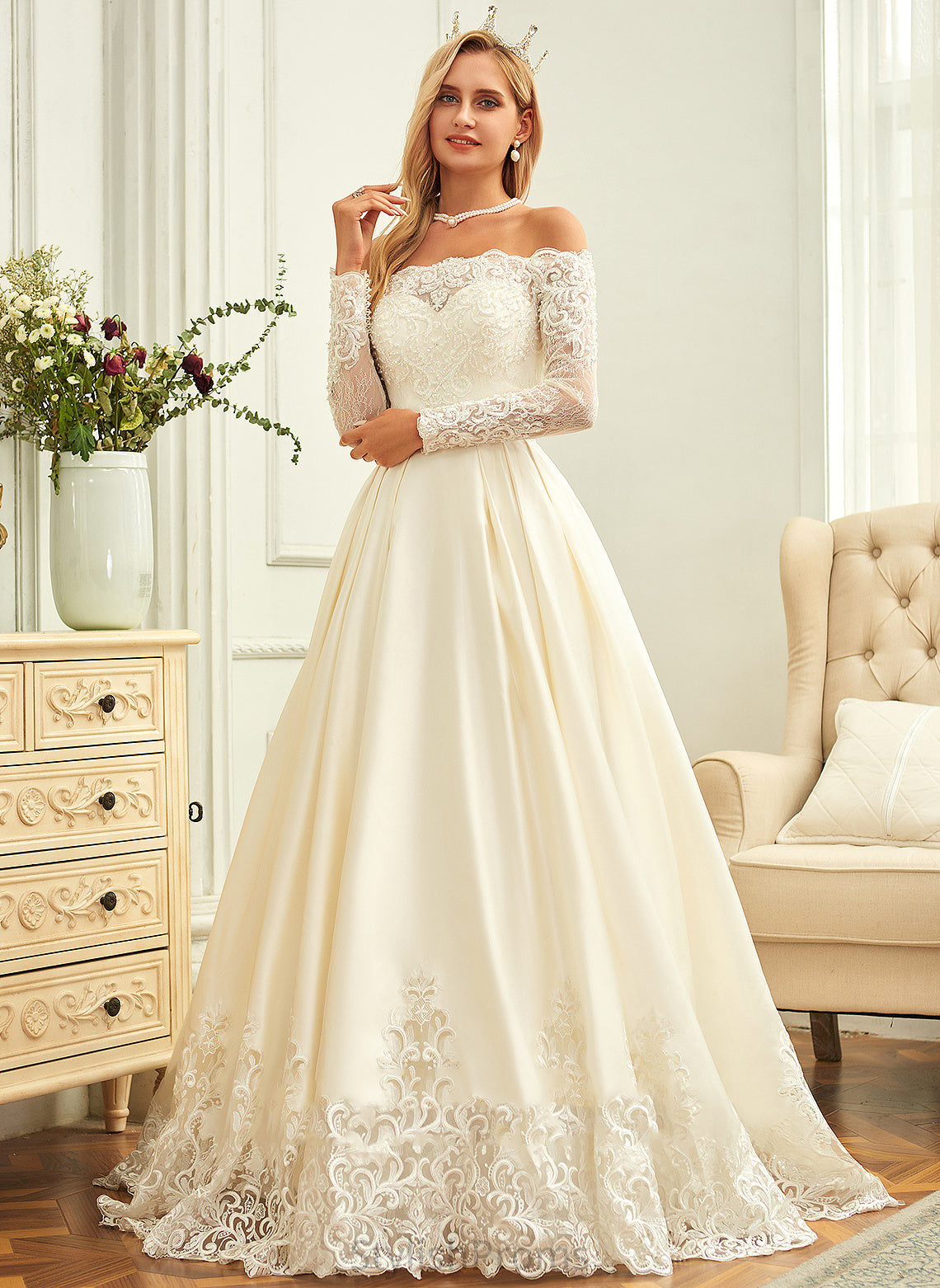 Beading Sequins Dress Wedding Dresses Sweep Wedding Satin Ball-Gown/Princess Abigayle Train Off-the-Shoulder With Lace